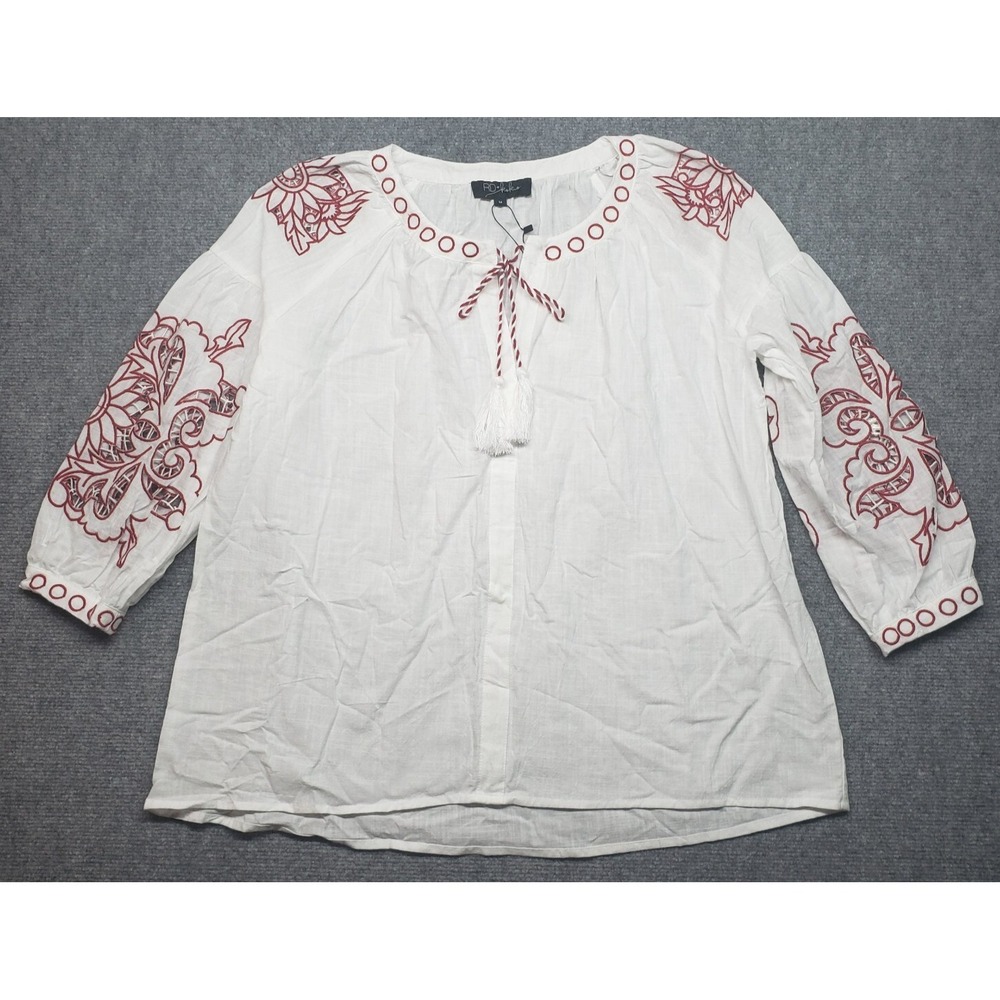 RD & Koko Linen Blouse Womens M White Red Floral 3/4 Sleeve Pullover Cotton New